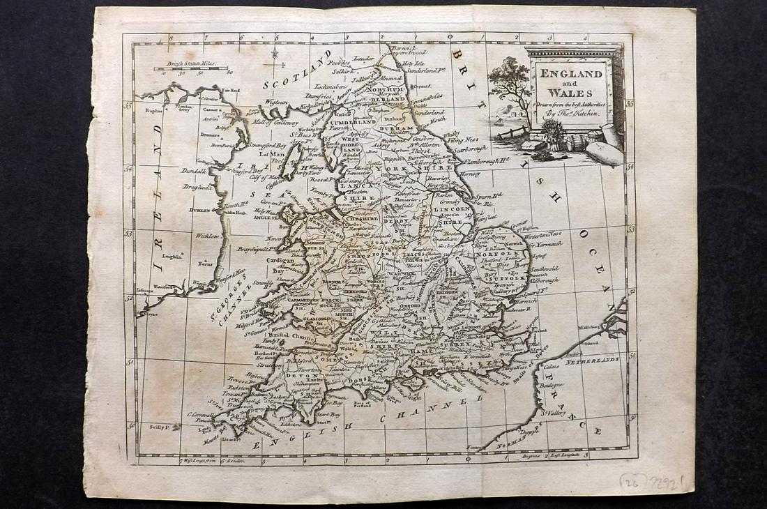 Guthrie & Kitchin 1782 Map. England & Wales: Copper Engraved Map Published 1782, London for "A New Geographical, Historical and Commercial Grammar..." by William Guthrie. The maps are by John Senex, Thomas Kitchin and others. Folds as issued. Pa