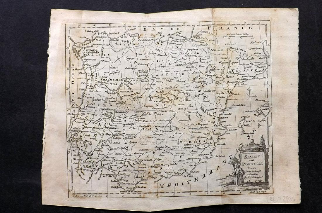 Guthrie & Kitchin 1782 Map. Spain & Portugal: Copper Engraved Map Published 1782, London for "A New Geographical, Historical and Commercial Grammar..." by William Guthrie. The maps are by John Senex, Thomas Kitchin and others. Folds as issued. Pa