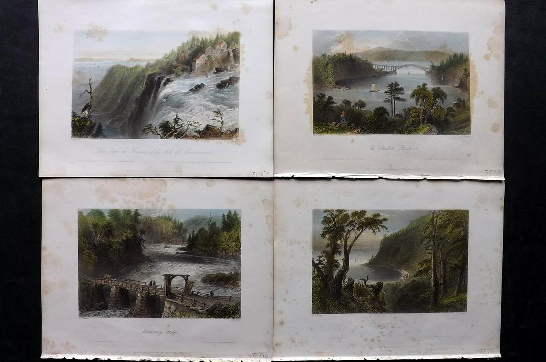 Bartlett Canada 1842 Lot of 4 Deluxe Hand Col Prints: Hand Colored Steel Engravings Published 1842 by George Virtue, London for "Canadian Scenery Illustrated..." by Nathaniel P. Willis. Illustrated by William H. Bartlett. From the Rare Deluxe/Subscriber 