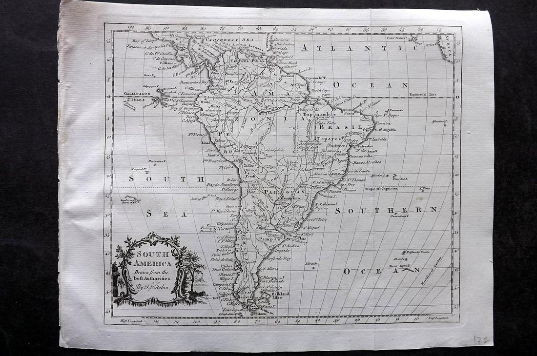 Guthrie & Kitchin 1782 Map. South America Continent: Copper Engraved Map Published 1782, London for "A New Geographical, Historical and Commercial Grammar..." by William Guthrie. The maps are by John Senex, Thomas Kitchin and others. Folds as issued. Pa