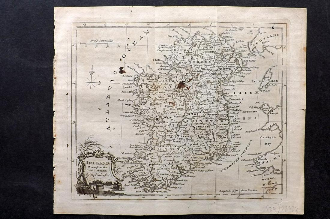 Guthrie & Kitchin 1782 Map. Ireland: Copper Engraved Map Published 1782, London for "A New Geographical, Historical and Commercial Grammar..." by William Guthrie. The maps are by John Senex, Thomas Kitchin and others. Folds as issued. Pa