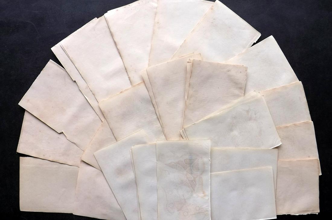 Old Paper, Bookbinding C1840 Lot of 45 Wove Sheets. 12mo: Uniform Wove Paper Sheets, British, 12mo. Paper Size: 6 x 4 inch (16 x 10cm) Almost all with light offsetting, otherwise fine