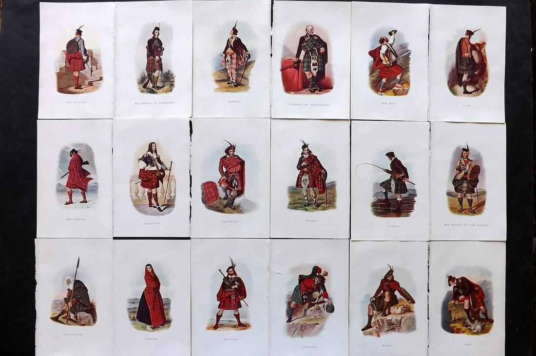 McIan, R. R. 1899 Lot of 18 Scottish Clan Costume Prints: Offset Lithographs Published 1899, Glasgow for "Mcian's Costumes of the Clans of Scotland" by James Logan and R. R. McIan. Paper Size: 7 x 5 inch (18.5 x 12cm) Good Condition