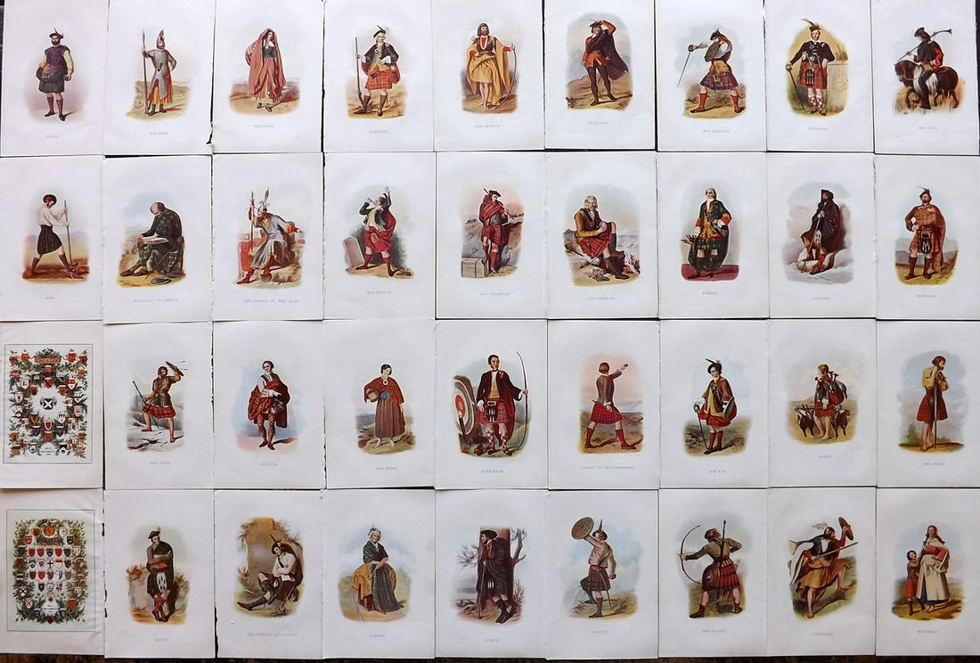 McIan, R. R. 1899 Lot of 36 Scottish Clan Costume Prints: Offset Lithographs Published 1899, Glasgow for "Mcian's Costumes of the Clans of Scotland" by James Logan and R. R. McIan. Paper Size: 7 x 5 inch (18.5 x 12cm) Good Condition