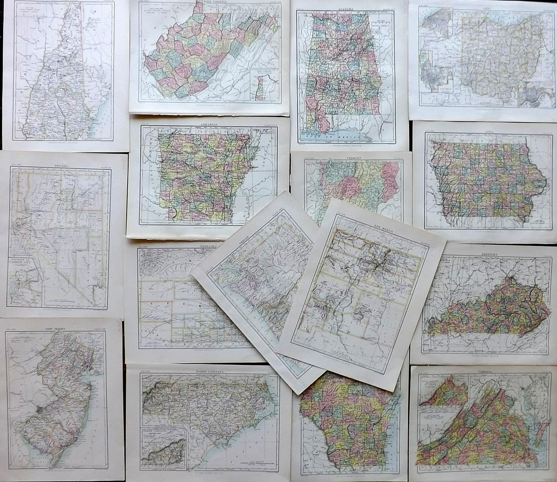 Encyclo. Britannica C1880 Lot of 16 US State Maps: Incl Ohio, Oregon, North Carolina, New Mexico, New Jersey, New Hampshire, Nevada, Nebraska, Arkansas, Wisconsin, West Virginia, Virginia, Vermont, Alabama, Kentucky and Iowa. Lithograph Maps Published