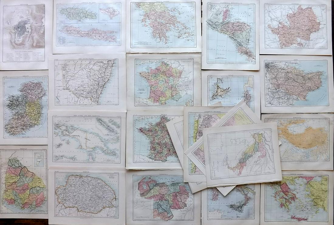 Encyclo. Britannica C1880 Mixed Lot of 22 Maps: Incl Argentina, New Guinea/New Caledonia, New South Wales, Nile, Venezuela, Italy, France, Uruguay, Ireland, Jerusalem, Japan, Jamaica/Java, Greece, Himalaya, Guatemala/Honduras, Kent, Hertford, and N