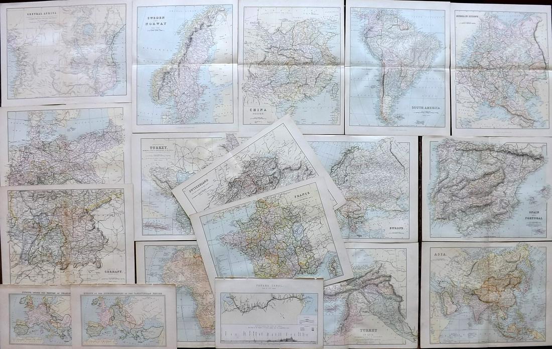 National Encyclopedia 1891 Lot of 18 Antique Maps: Incl Panama Canal, Europe, Switzerland, France, Germany, Central Africa, Africa, Turkey, Spain/Portugal, Asia, Europe, Sweden/Norway, China, South America, Russia in Europe. Lithograph Maps Published 