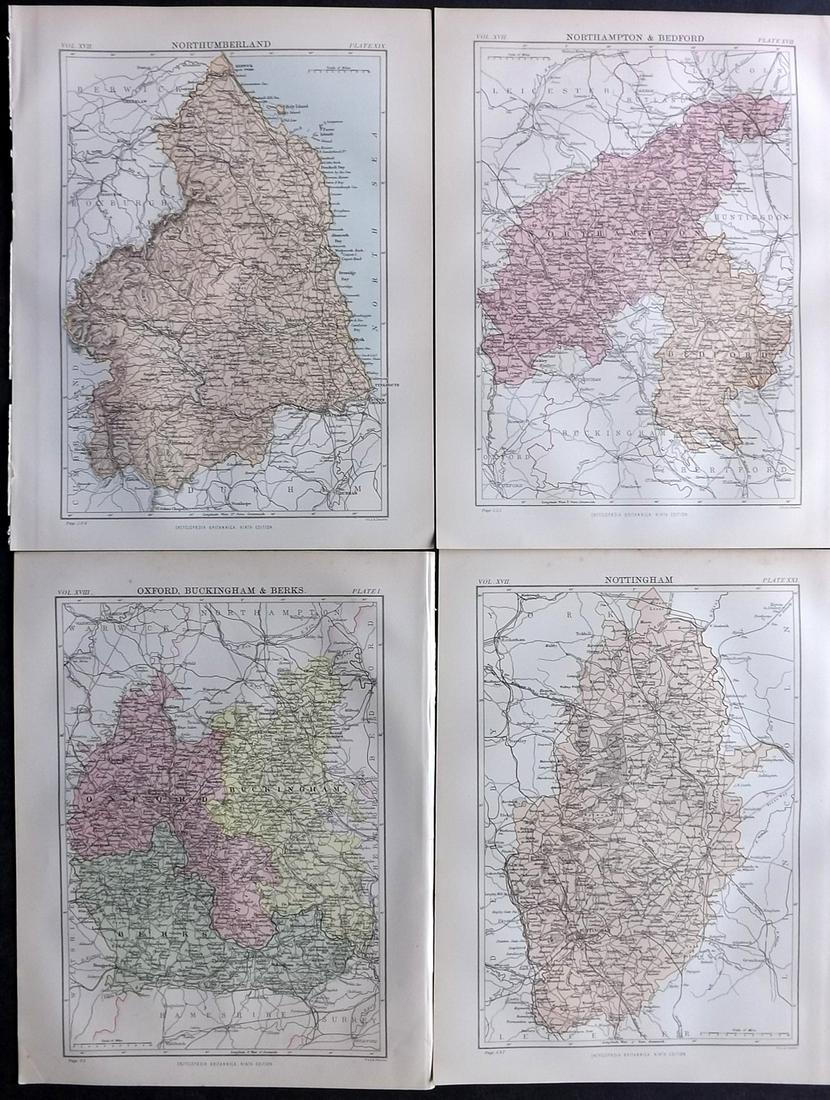 Encyclo. Britannica C1880 Lot of 4 British Maps: Incl Oxford/Bucks/Berks, Nottingham, Northampton/Bedford, and Northumberland. Lithograph Maps Published 1875-98, Edinburgh & London for "Encyclopaedia Britannica" Ninth Edition. Paper Size: 10.5 x 8 i
