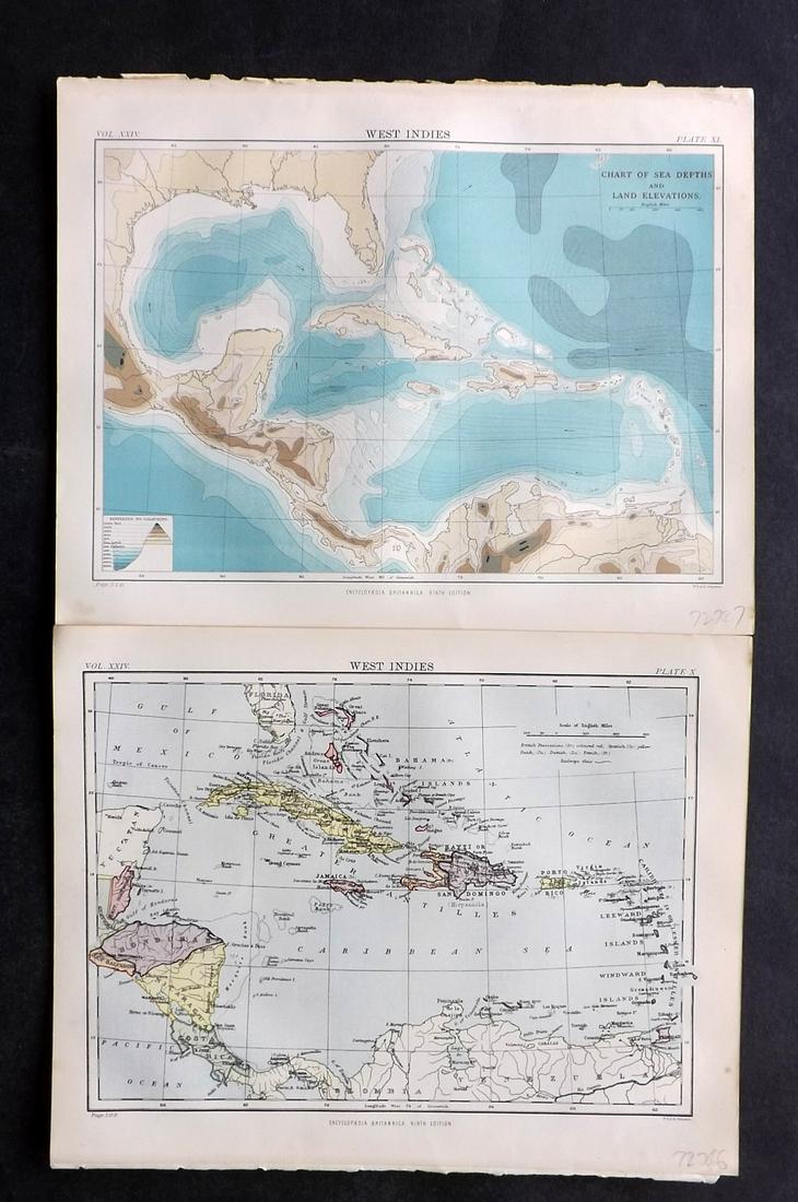 Encyclo. Britannica C1880 Pair of Maps of West Indies Caribbean: Lithograph Maps Published 1875-98, Edinburgh & London for "Encyclopaedia Britannica" Ninth Edition. Paper Size: 10.5 x 8.5 inch (27 x 22cm) Good Condition