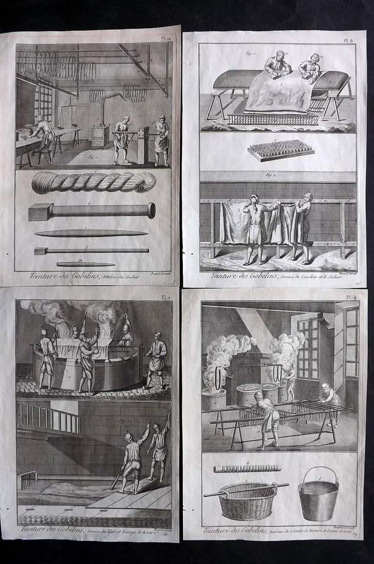 Diderot, Dennis C1790 Lot of 4 Prints. Dye process by the Gobelins: Copper Plates Published 1782-1832, Paris for "Encyclopedie Methodique ou par Ordre de Matieres par une Societe de gens de Lettres de Savans et D'Artistes" by Denis Diderot, Jean Baptiste Pierre Antoin