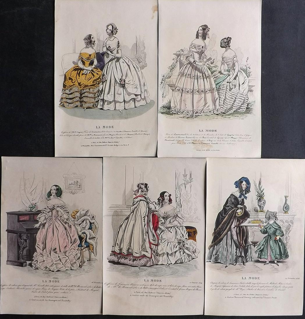Fashion Plates C1840 Lot of 5 Hand Col Prints. Parisian: Hand Colored Steel Engraving/Etching 1829-55, Paris for "La Mode, revue des modes, galerie des moeurs, album des salons" Paper Size: 9.5 x 6 inch (24 x 15cm) Slightly trimmed margins, other minor marg