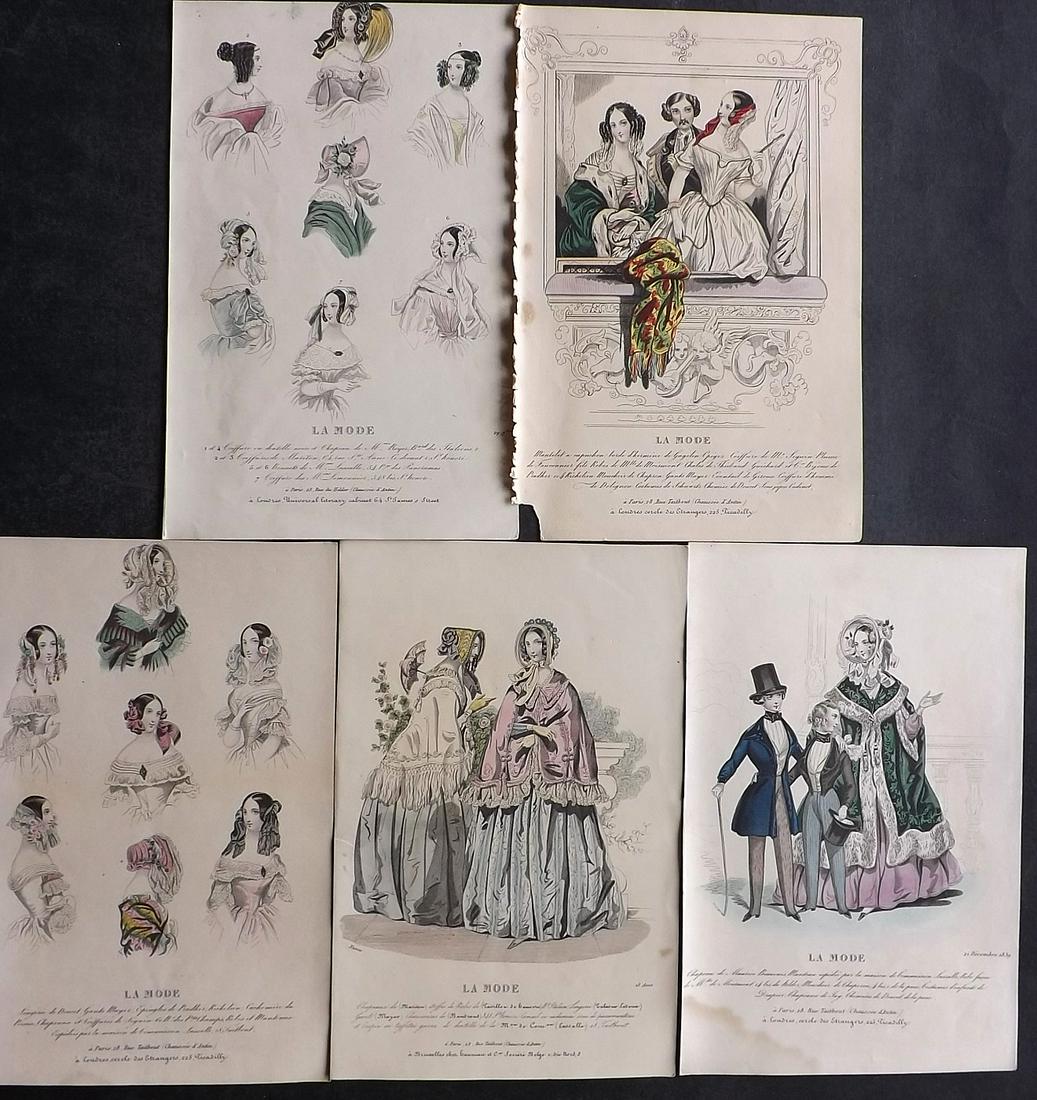 Fashion Plates C1840 Lot of 5 Hand Col Prints. Parisian: Hand Colored Steel Engraving/Etching 1829-55, Paris for "La Mode, revue des modes, galerie des moeurs, album des salons" Paper Size: 9.5 x 6 inch (24 x 15cm) Slightly trimmed margins, other minor marg