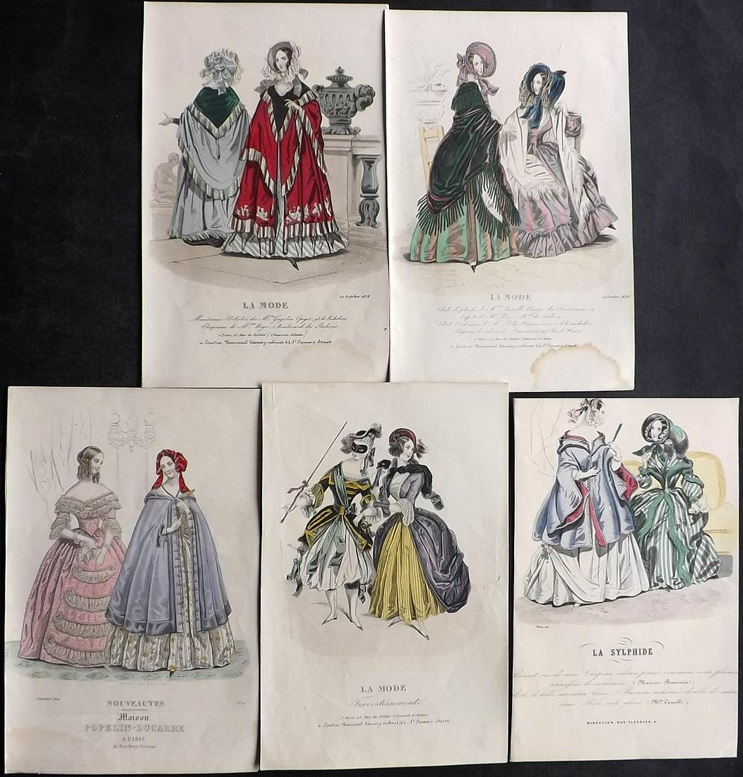 Fashion Plates C1840 Lot of 5 Hand Col Prints. Parisian: Hand Colored Steel Engraving/Etching 1829-55, Paris for "La Mode, revue des modes, galerie des moeurs, album des salons" Paper Size: 9.5 x 6 inch (24 x 15cm) Slightly trimmed margins, other minor marg