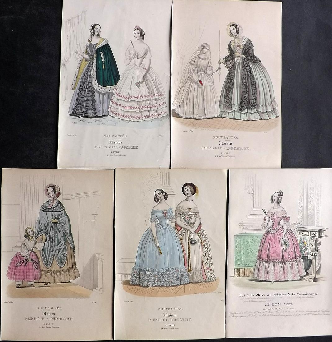 Fashion Plates C1840 Lot of 5 Hand Col Prints. Parisian: Hand Colored Steel Engraving/Etching 1829-55, Paris for "La Mode, revue des modes, galerie des moeurs, album des salons" Paper Size: 9.5 x 6 inch (24 x 15cm) Slightly trimmed margins, other minor marg