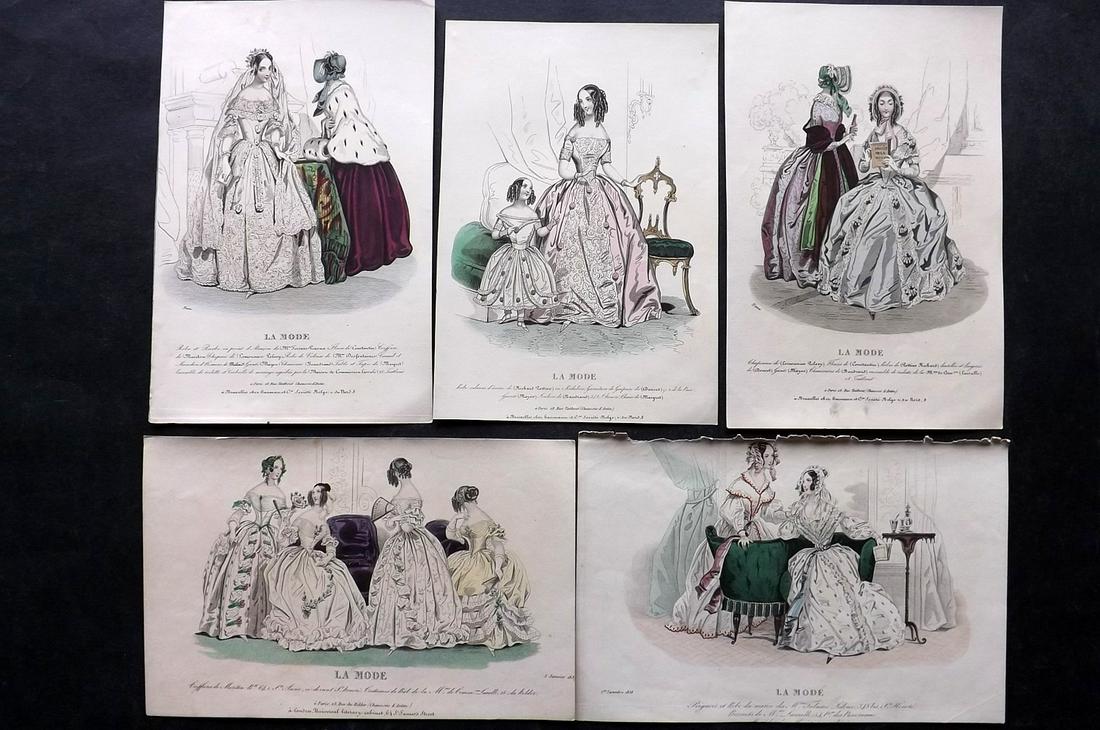 Fashion Plates C1840 Lot of 5 Hand Col Prints. Parisian: Hand Colored Steel Engraving/Etching 1829-55, Paris for "La Mode, revue des modes, galerie des moeurs, album des salons" Paper Size: 9.5 x 6 inch (24 x 15cm) Slightly trimmed margins, other minor marg