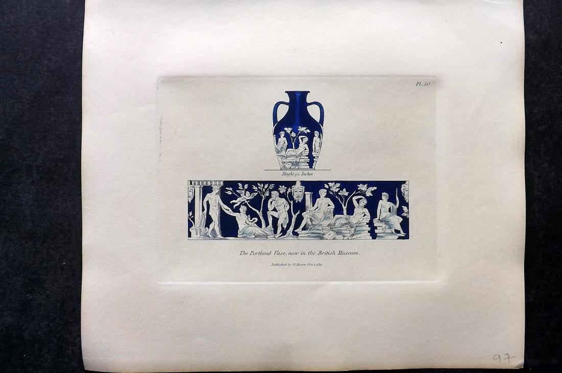 Moses, Henry 1840s Hand Col Vase Print - Portand Vase: Hand Colored Etchings Published Originally Published 1814, London for "A Collection of Antique Vases..." by Henry Moses. This Edition Published by Henry G. Bohn, 1840's. Paper Size: 8.5 x 7 inch (22 x