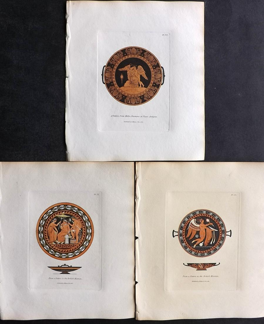 Moses, Henry 1840s Lot of 3 Hand Col Patera Prints: Hand Colored Etchings Published Originally Published 1814, London for "A Collection of Antique Vases..." by Henry Moses. This Edition Published by Henry G. Bohn, 1840's. Paper Size: 8.5 x 7 inch (22 x