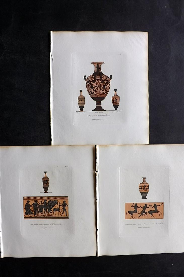 Moses, Henry 1840s Lot of 3 Hand Col Vase Prints: Hand Colored Etchings Published Originally Published 1814, London for "A Collection of Antique Vases..." by Henry Moses. This Edition Published by Henry G. Bohn, 1840's. Paper Size: 8.5 x 7 inch (22 x