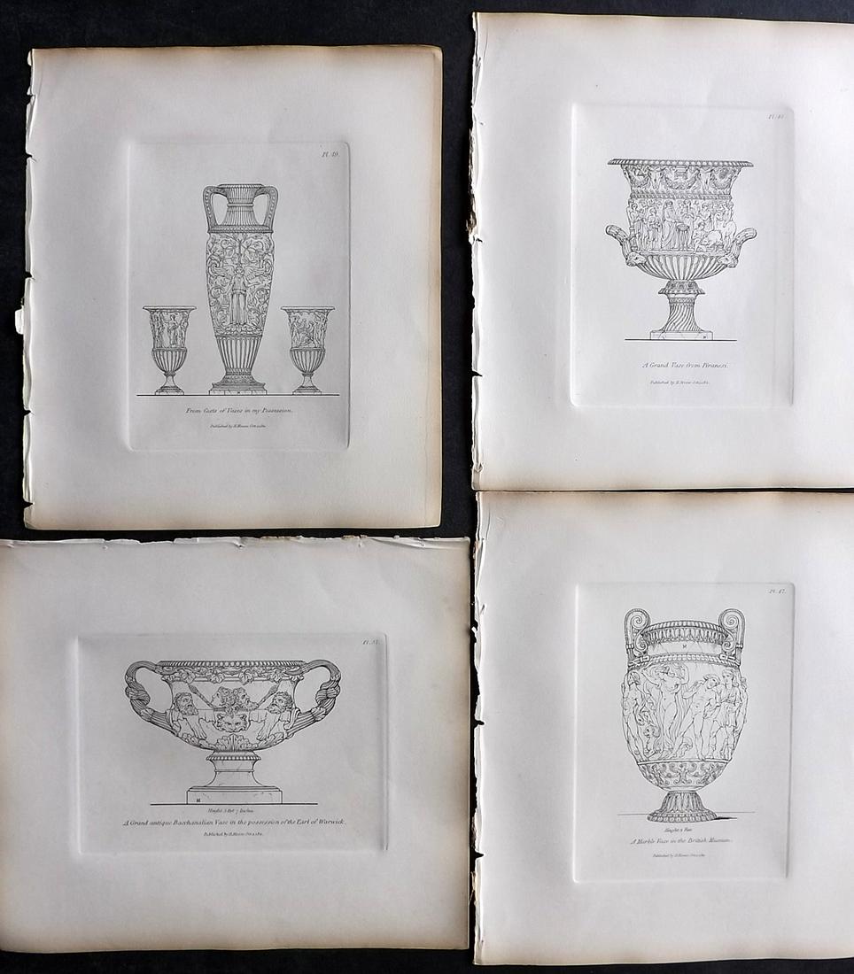Moses, Henry 1840s Lot of 4 Antique Vase Prints: Etchings Published Originally Published 1814, London for "A Collection of Antique Vases..." by Henry Moses. This Edition Published by Henry G. Bohn, 1840's. Paper Size: 8.5 x 7 inch (22 x 18cm) Good C