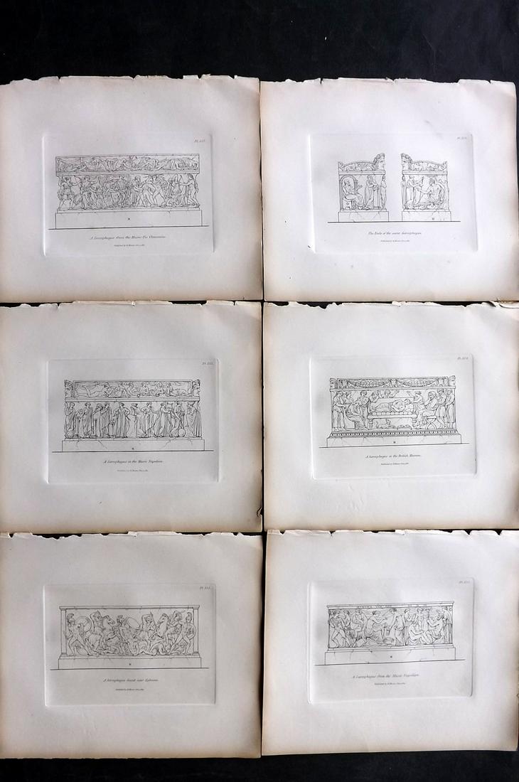Moses, Henry 1840s Lot of 6 Antique Sarcophagus Prints: Etchings Published Originally Published 1814, London for "A Collection of Antique Vases..." by Henry Moses. This Edition Published by Henry G. Bohn, 1840's. Paper Size: 8.5 x 7 inch (22 x 18cm) Good C