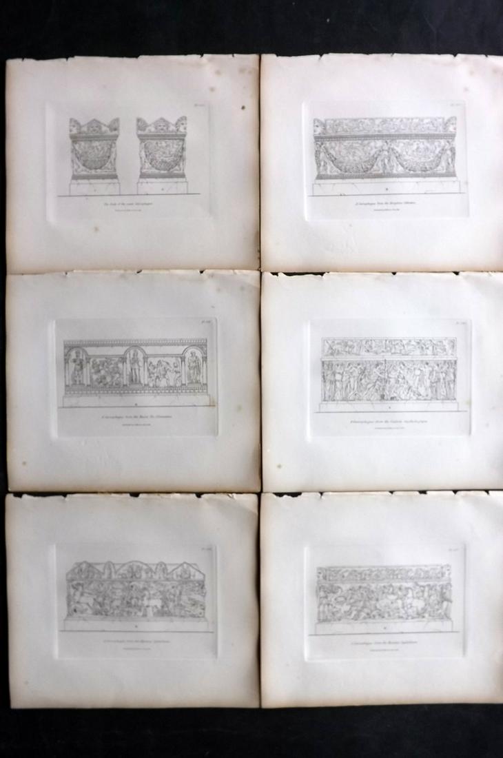 Moses, Henry 1840s Lot of 6 Antique Sarcophagus Prints: Etchings Published Originally Published 1814, London for "A Collection of Antique Vases..." by Henry Moses. This Edition Published by Henry G. Bohn, 1840's. Paper Size: 8.5 x 7 inch (22 x 18cm) Good C