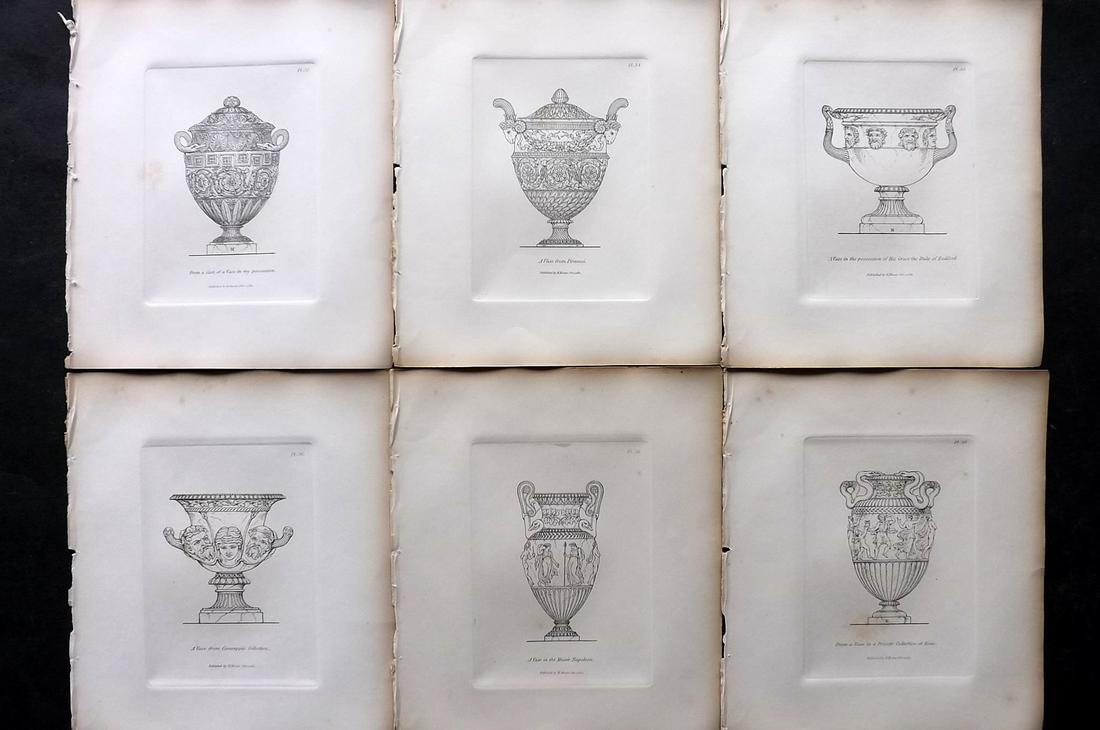 Moses, Henry 1840s Lot of 6 Antique Vase Prints: Etchings Published Originally Published 1814, London for "A Collection of Antique Vases..." by Henry Moses. This Edition Published by Henry G. Bohn, 1840's. Paper Size: 8.5 x 7 inch (22 x 18cm) Very m