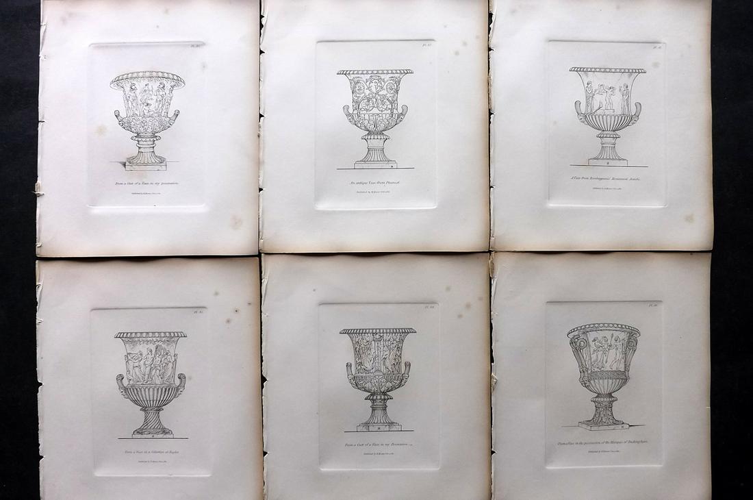 Moses, Henry 1840s Lot of 6 Antique Vase Prints: Etchings Published Originally Published 1814, London for "A Collection of Antique Vases..." by Henry Moses. This Edition Published by Henry G. Bohn, 1840's. Paper Size: 8.5 x 7 inch (22 x 18cm) Very m