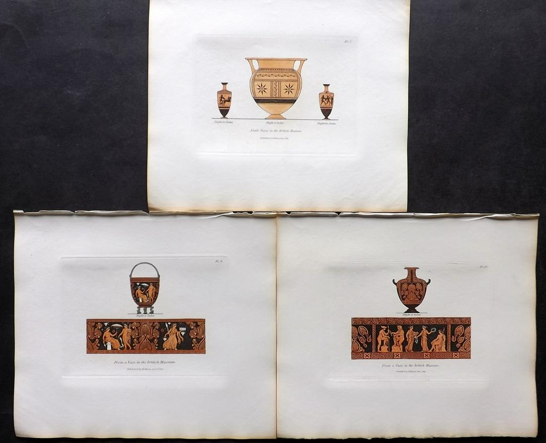 Moses, Henry 1840s Lot of 3 Hand Col Vase Prints: Hand Colored Etchings Published Originally Published 1814, London for "A Collection of Antique Vases..." by Henry Moses. This Edition Published by Henry G. Bohn, 1840's. Paper Size: 8.5 x 7 inch (22 x