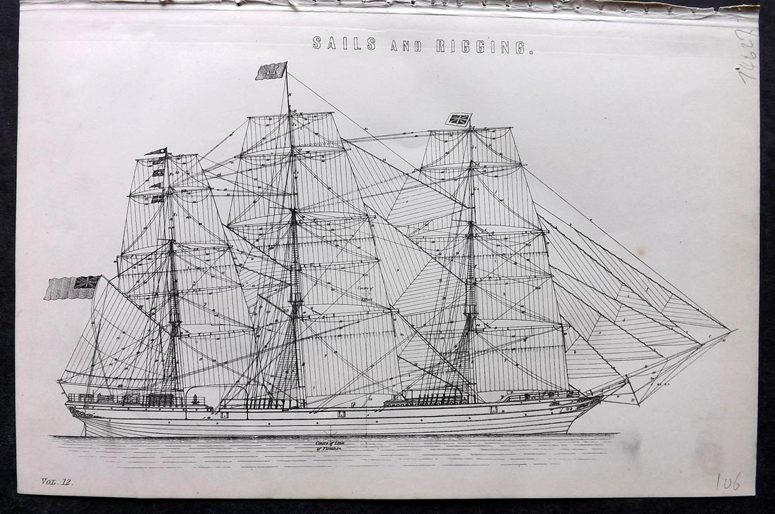 Nat. Encyclo. 1890's Antique Ship Print. Sails and Rigging: Woodblocks Published 1891-1901 by William Mackenzie, London for "The National Encyclopedia: A dictionary of Universal Knowledge" Paper Size: Up to 9.5 x 6 inch (24 x 16cm) Tight top margin on one as b