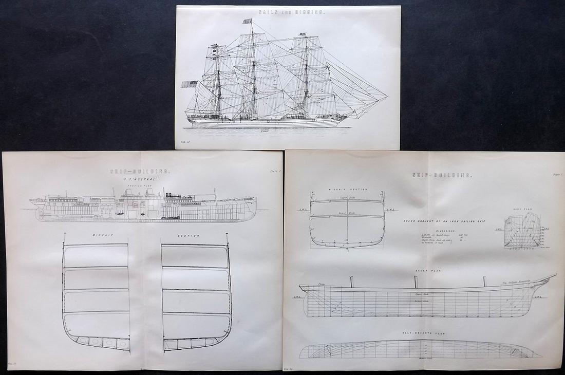 Nat. Encyclo. 1890's Lot of 3 Prints. Ship & Ship Building: Woodblocks and/or Steel Engravings Published 1891-1901 by William Mackenzie, London for "The National Encyclopedia: A dictionary of Universal Knowledge" Paper Size: Up to 12 x 9.5 inch (31 x 24cm) Goo