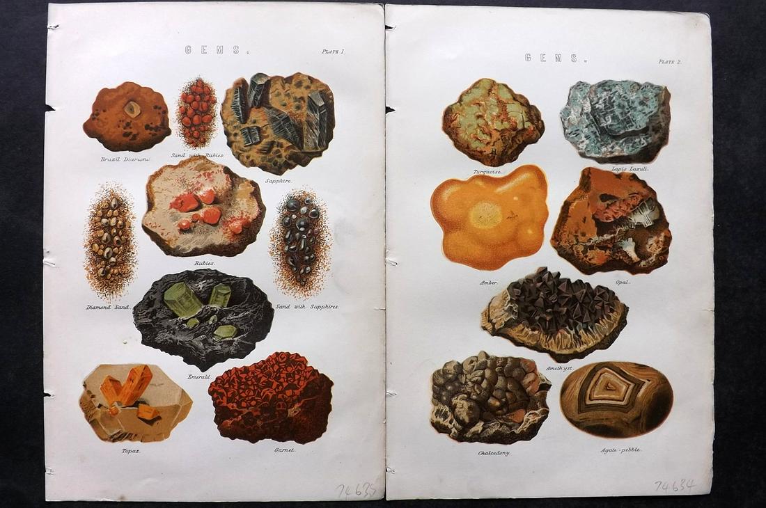 Nat. Encyclo. 1890's Pair of Prints. Gem Stones: Chromolithographs Published 1891-1901 by William Mackenzie, London for "The National Encyclopedia: A dictionary of Universal Knowledge" Paper Size: Up to 9.5 x 6 inch (24 x 16cm) Tight top margin on o