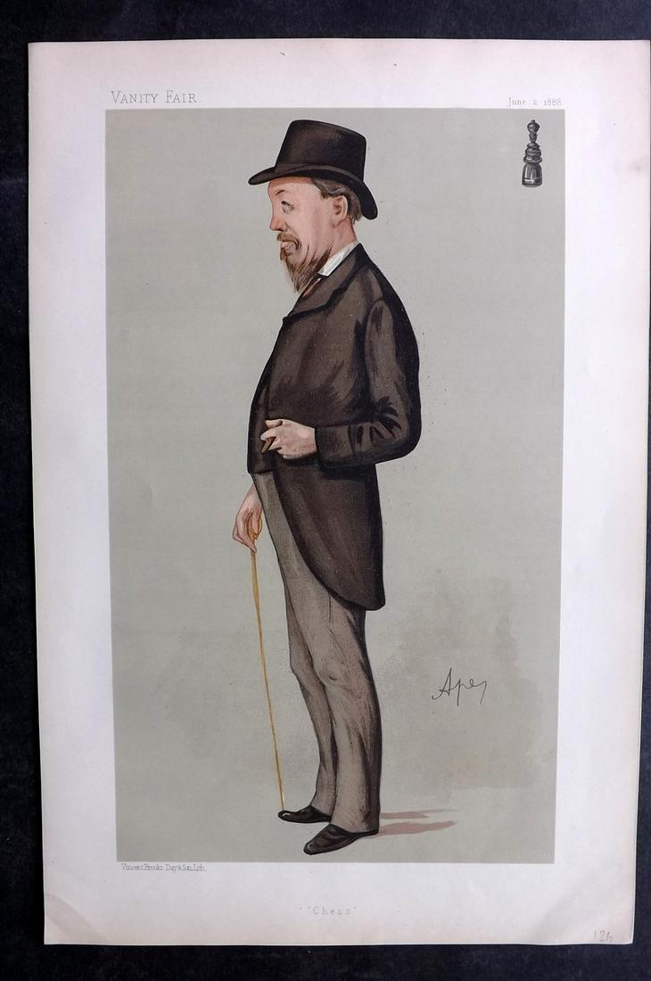 Vanity Fair Print 1888 J. H. Blackburne, Chess Player: Chromolithograph Published 1869-1914, London for "Vanity Fair" Paper Size: 15 x 11 inch (38 x 28cm) Good Condition