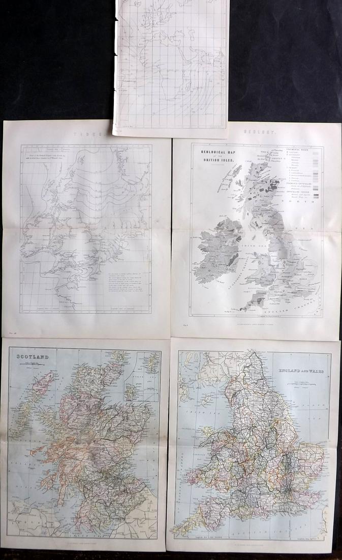 National Encyclopedia 1891 Lot of 5 British Maps: Incl Scotland, England, Geology, Tides etc. Lithograph Maps Published 1891-1901 by William Mackenzie, London for "The National Encyclopedia: A dictionary of Universal Knowledge" Center fold as issued.