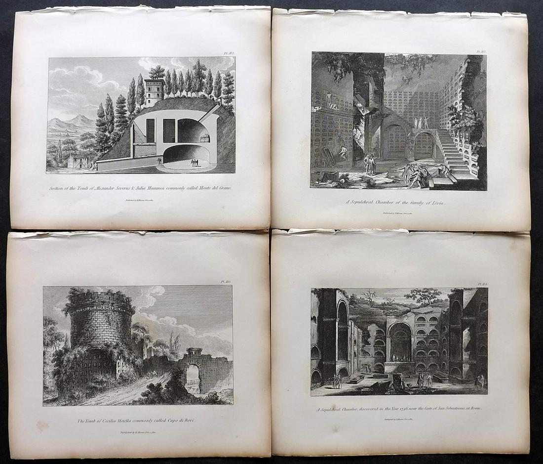 Moses, Henry 1840s Lot of 4 Architecture Prints of Rome, Italy: Etchings Published Originally Published 1814, London for "A Collection of Antique Vases..." by Henry Moses. This Edition Published by Henry G. Bohn, 1840's. Paper Size: 8.5 x 7 inch (22 x 18cm) Very m