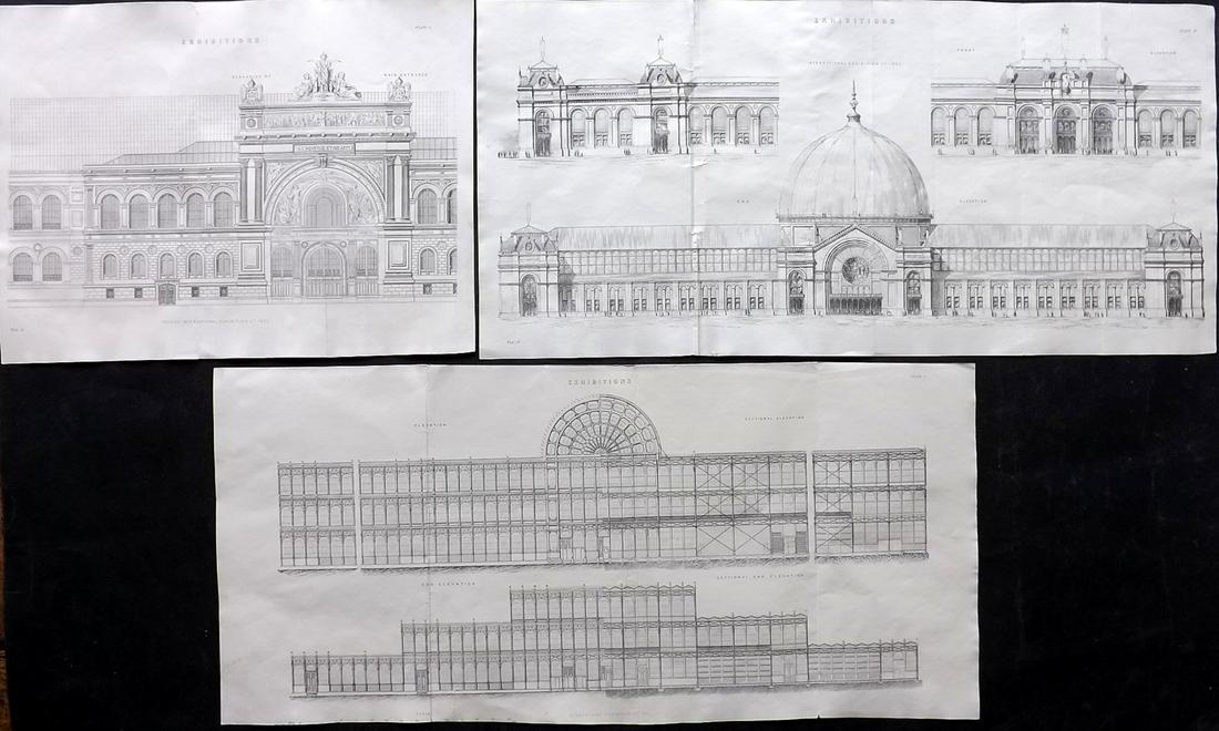 Nat. Ency. 1891 Lot of LG 3 Prints. Exhibition. Architectural: Woodblocks Published 1891-1901 by William Mackenzie, London for "The National Encyclopedia: A dictionary of Universal Knowledge" Folds as issued. Paper Size: Up to 20 x 9.5 inch (50 x 24cm) Good Condi