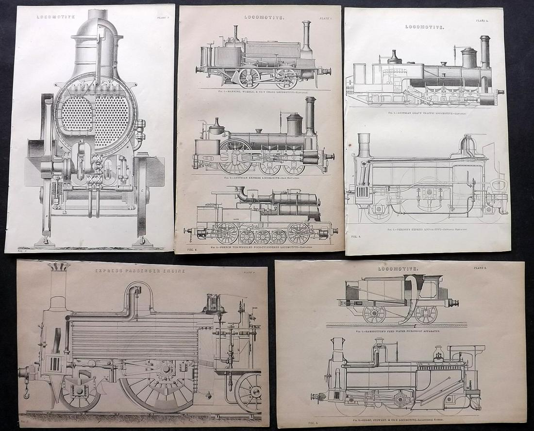 Nat. Ency. 1891 Lot of 5 Prints. Locomotives Trains (1 of 2)