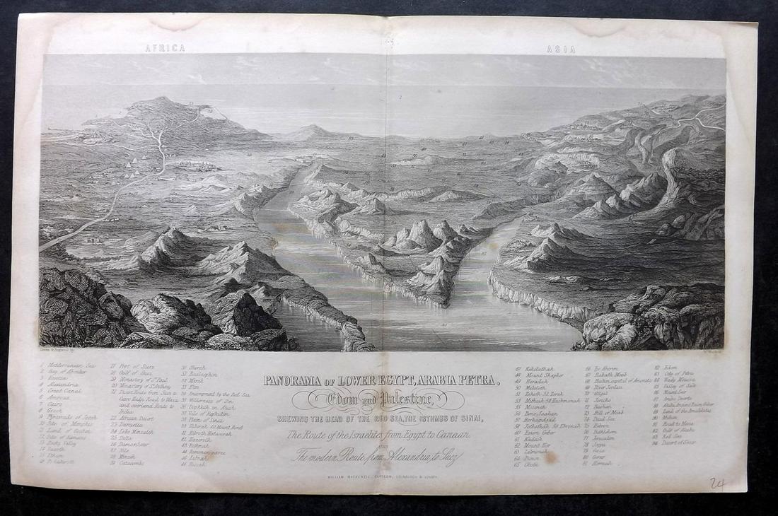 Warwick, W. C1870 LG Print. Lower Egypt & Arabia Petra: "Panorama of Lower Egypt, Arabia Petra" Large Folio Steel Engraving Published C1870 by William Mackenzie, London for "The Self-Interpreting Bible" by John Brown. Drawn & Engraved by W. Warwick. Center