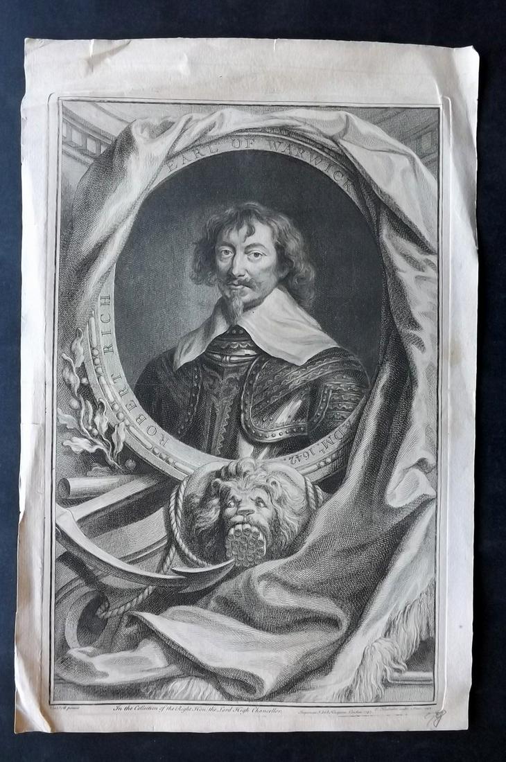 Houbraken, Jacobus 1743 Folio Portrait. Earl of Warwick: "Robert Rich, Earl of Warwick" Folio Copper Plate Published London, 1743-52 for "Heads of Illustrious Persons of Great Britain" by Thomas Birch. Engraved by Jacobus Houbraken. Paper Size: 16 x 10.5 in