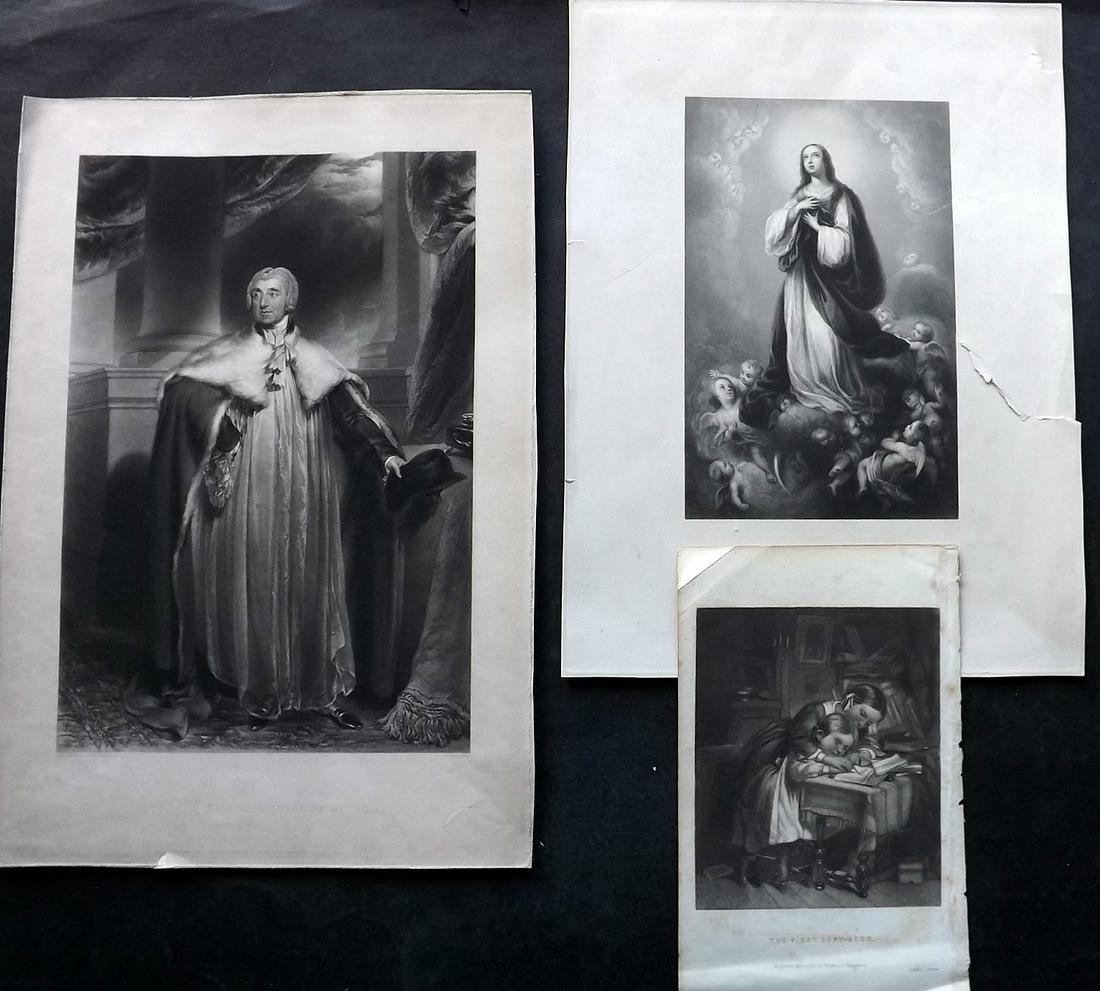 Mezzotints 19th Cent. Mixed Lot of 3 incl Folio: "The First Copy-Book" Engraved for Peterson's Magazine. "His Grace The Archbishop of York" Engraved G. H. Phillips after Thomas Lawrence and an Untitled Proof, Mixed Method Engraving with some Mezzoti