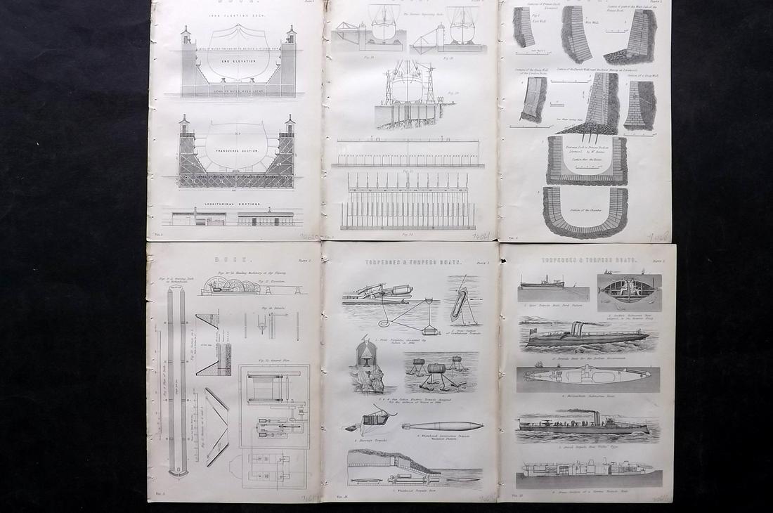 Nat. Encyclo. 1890's Lot of 6 Prints. Docks: Woodblocks Published 1891-1901 by William Mackenzie, London for "The National Encyclopedia: A dictionary of Universal Knowledge" Paper Size: Up to 9.5 x 6 inch (24 x 16cm) Tight top margin on one as b