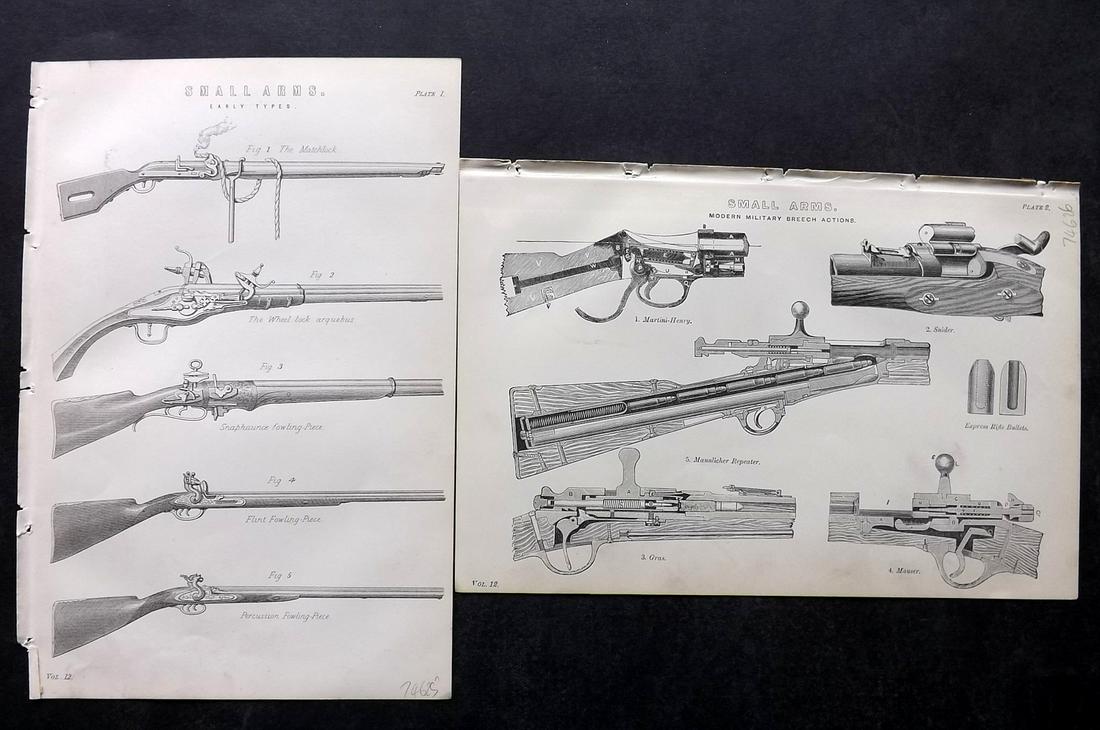 Nat. Encyclo. 1890's Pair of Prints. Small Arms - Guns: Woodblocks Published 1891-1901 by William Mackenzie, London for "The National Encyclopedia: A dictionary of Universal Knowledge" Paper Size: Up to 9.5 x 6 inch (24 x 16cm) Tight top margin on one as b