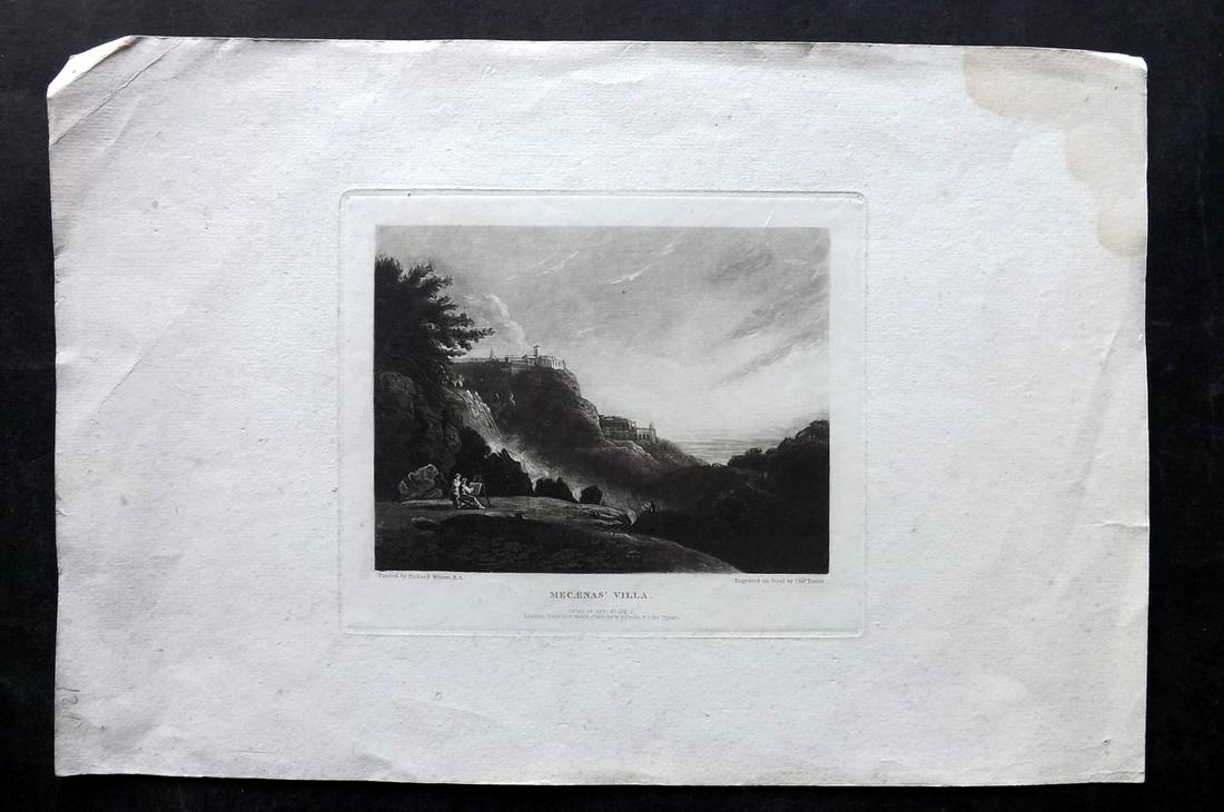 Turner after Wilson 1823 Folio Mezzotint. Mecaenas' Villa: Mezzotint Published 1823, London for "Gems of Art" Engraved Charles Turner after Richard Wilson. Paper Size: 17 x 11.5 inch (43 x 29cm) Water stain top right corner margin and very minor margin toning