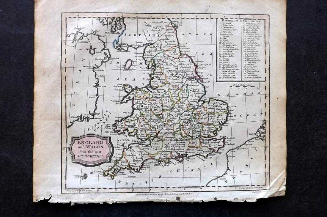 Barclay, James 1813 Map. England and Wales: Copper Engraved Map Published 1812-13 by Brightly & Childs, Bungay for "A Complete and Universal Dictionary of the English Language..." by the Rev. James Barclay. Outline hand colour as issued. Most m