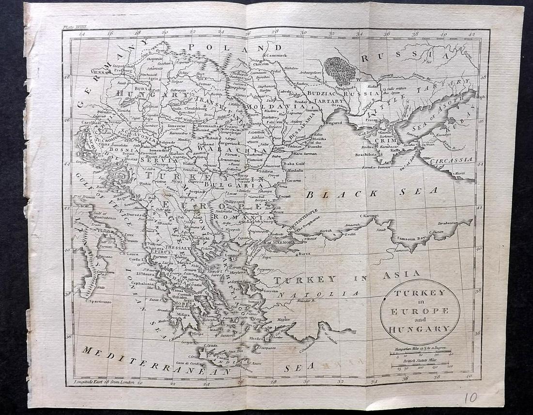 Guthrie, William 1805 Map. Turkey in Europe & Hungary: Copper Engraved Map Published 1805, London for "A New Geographical, Historical and Commercial Grammar..." by William Guthrie. Folds as issued. Paper Size: 10.5 x 8 inch (27 x 21cm) Approx. Some toning