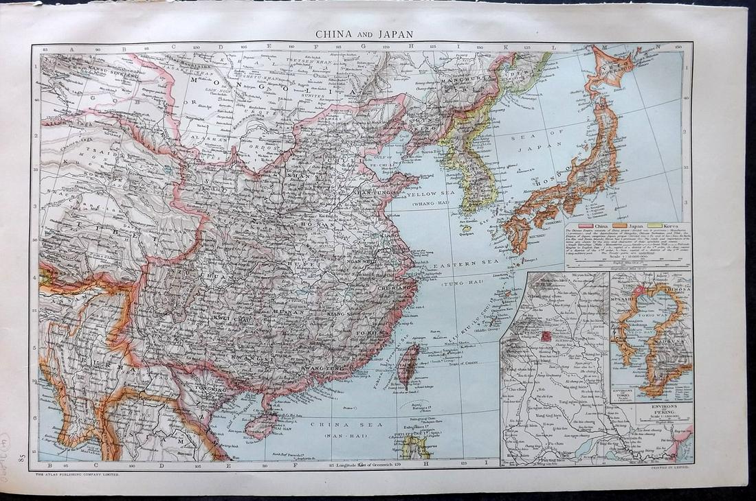 Universal Atlas 1893 LG Map. China and Japan: Lithograph Map Published 1893 by Cassell & Co., London for "The Universal Atlas" Centre fold as issued. Paper Size: 16 x 10.5 inch (41 x 27cm) Good Condition