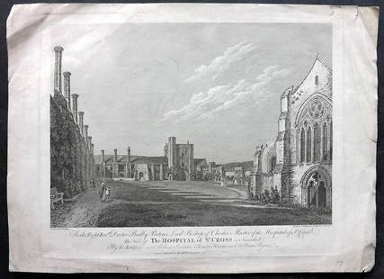 Hearne & Byrne 1786 Print. Hospital of St. Cross, Winchester: Copper Plate Published 1786-1807, London for "Antiquities of Great Britain..." by Thomas Hearne & W. Byrne. Paper Size: 13 x 9.5 inch (33 x 24cm) Minor margin soiling and minor margin wrinkles. Small