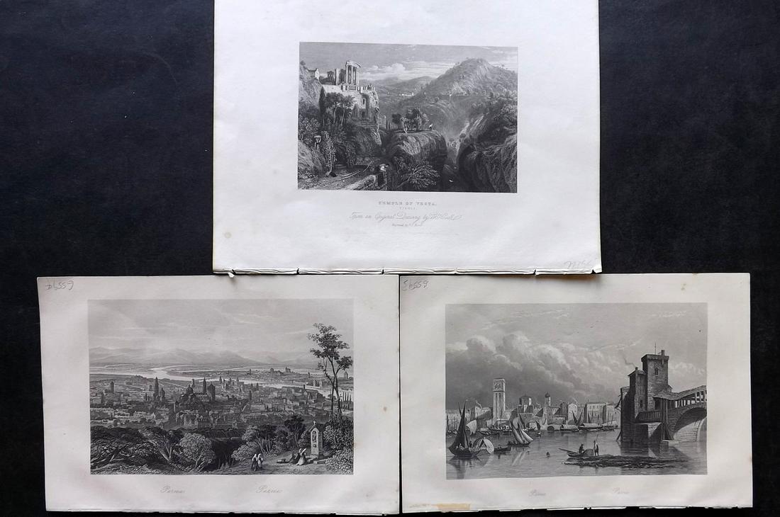 Italy 1836-60 Lot of 3 Antique Prints: Incl Parma, Pavia and Tivoli. Steel Engraving Published 1836-37, London for "The Gallery of Modern British Artists" Together with two others 1860, for "The Royal Dictionary-Cyclopedia for Universal Re