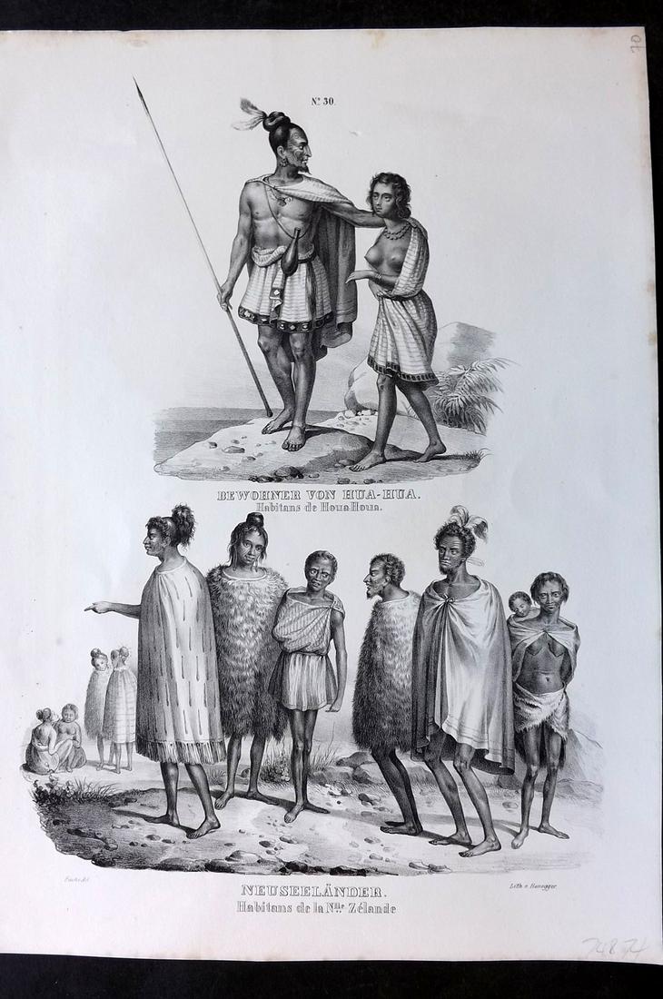 Schinz & Brodtmann C1840 Folio Print. New Zealand Maori's: Folio Lithograph Published 1834-45, Zurich for "Naturgeschichte und Abbildungen der Menschen..." by Heinrich Rudolph Schinz. Lithographed by Karl Joseph Brodtmann. Paper Size: 14.5 x 10.5 inch (37 x 2