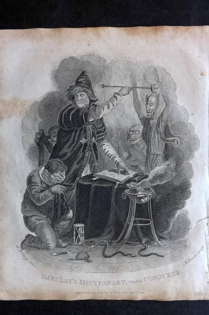Barclay, James 1813 Print. Conjurer - Magic: Copper Plate Published 1812-13 by Brightly & Childs, Bungay for "A Complete and Universal Dictionary of the English Language..." by the Rev. James Barclay. Outline hand colour as issued. Most maps Eng