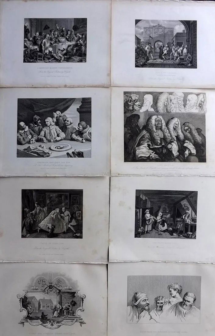 Hogarth, William C1865 Lot of 8 Satire etc Prints: Steel Engravings Published C1865, London for "The Complete Works of William Hogarth" by James Hannay, Rev. Trusler and E. F. Roberts. Paper Size: 10.5 x 8.5 inch (27 x 22cm) Some margin toning and wat